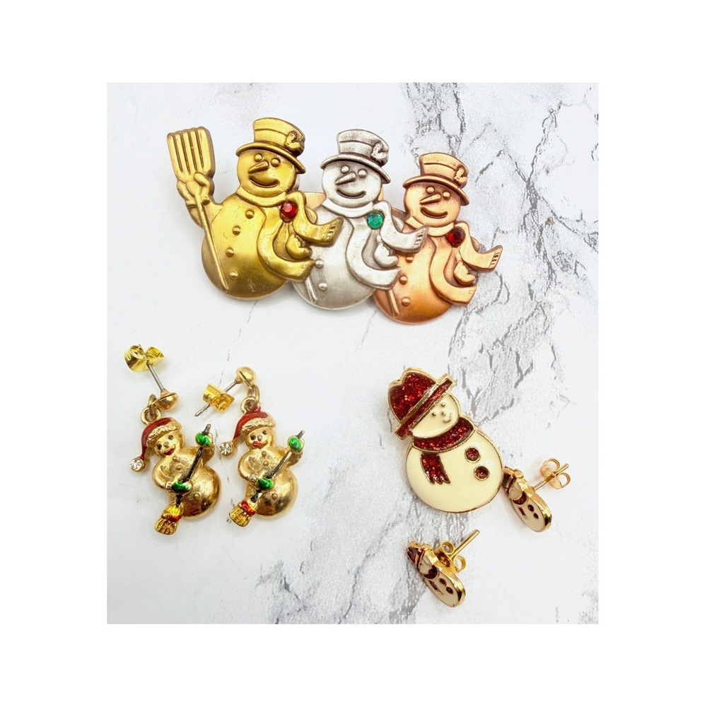 Snowman Christmas Jewelry Lot 2 Brooches 2 Pairs Pierced Earrings Holiday